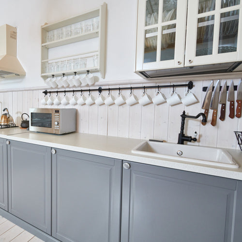 kitchen units painted in grey eggshell paint